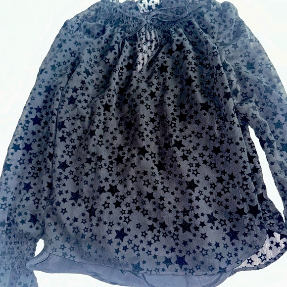 NWT never worn Loft black star sheer overlay flocking ruffle tie neck blouse - Picture 3 of 3